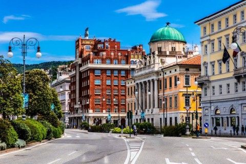 Art Deco building Palazzo Aedes or Palazzo Rosso, waterfront promenade, Trieste, harbour town on