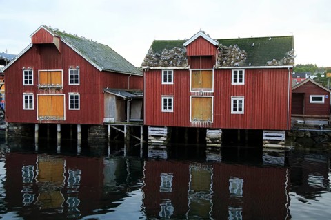 Traditional harbour buildings in fishing village of Rorvik, Norway, Europe