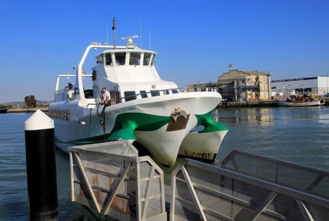 Passenger ferry boat Catamaran Bahia service arriving at Puerto de Santa de Maria, Cadiz province,