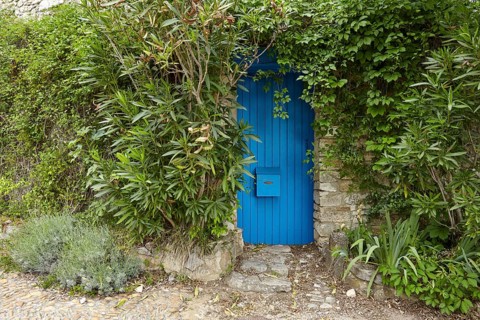 Blue door on a green house in La Roque-sur-Cèze, Département Gard, Occitanie region, France, Europe
