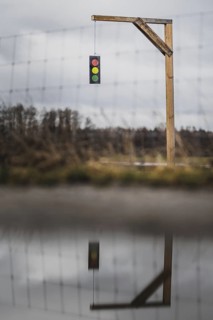 A gallows with a symbolic traffic light stands in a field near Gablenz, 14 Jan. 2024. As part of