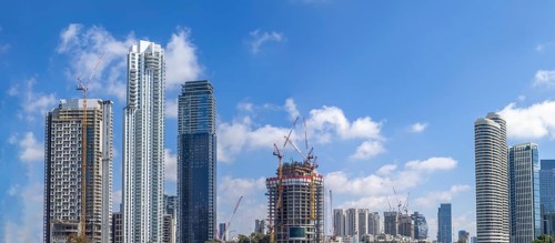 Scenic Tel Aviv financial and business district skyline, construction of new office buildings