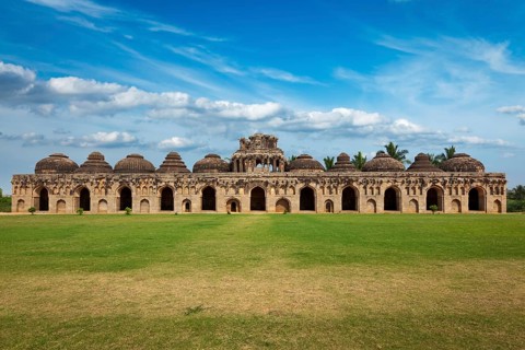 Ancient ruins of Elephant Stables, Royal Centre. Hampi, Karnataka, India. Stitched panorama