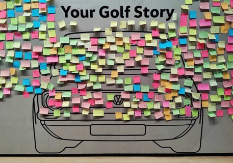 Your Golf Story, wall with many small colourful notes and car drawings, Autostadt, Volkswagen AG,