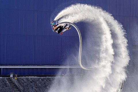 Harbour festival in Stuttgart. Spectacular jet ski and flyboard show on the Neckar. Stuttgart,