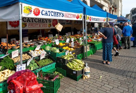 Catchey's fruit and vegetables market stall Ipswich, Suffolk, England, UK