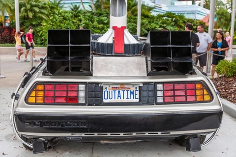 License plate on car from Back To The Future movies reads OUTATIME at Universal Studios theme park