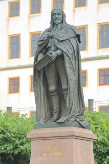 Monument to Duke Ernst I the Pious of Saxe-Gotha-Altenburg, sculpture with book and inscription,
