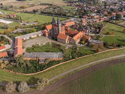 Aerial view of Jerichow monastery, located near the Elbe River, Saxony-Anhalt, Germany, Europe