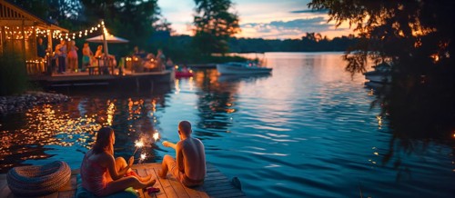 Families enjoing the holiday with outdoor fun and sparklers. generative AI, AI generated