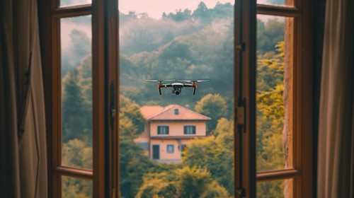 A UAV unmanned aircraft drone flying just outside the window of A house, AI generated