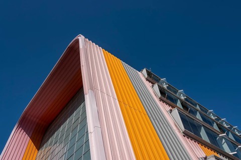 Colourful roof façade, Experimental Factory, Magdeburg, Saxony-Anhalt, Germany, Europe