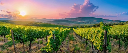 Scenic sunset over winery fields and grapevines that produce wine, Shiraz, Merlot, Cabernet, AI
