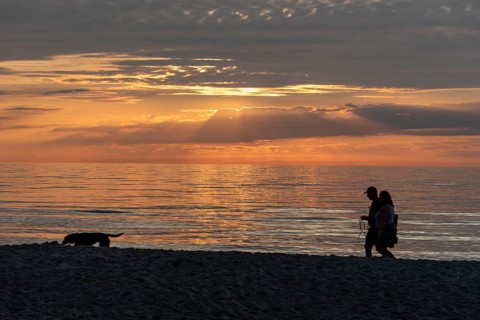 People and a dog walking on the beach at sunset, calm sky and sea in the background, Baltic Sea