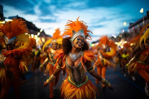 Captivating image capturing the essence of the Rio Carnival, showcasing a dancer adorned in an
