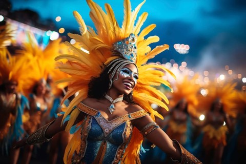 Captivating image capturing the essence of the Rio Carnival, showcasing a dancer adorned in an