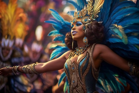 A dancer mascot adorned in a dazzling costume with feathers, immersed in the energetic atmosphere