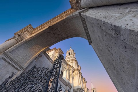 Peru, Arequipa. Basilica Cathedral of Arequipa on central Plaza De Armas in historic center, South