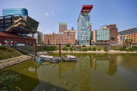 Wolkenbügel and Colorium office buildings in Düsseldorf Media Harbour, state capital, independent