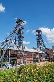 Two colliery headframes and coal mine buildings at Le Bois du Cazier, coal mining museum at