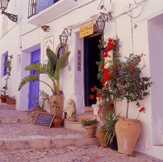 Entrance to a small alley cafe in Frigiliana, Malaga province, Andalucia, Spain, Southern Europe.