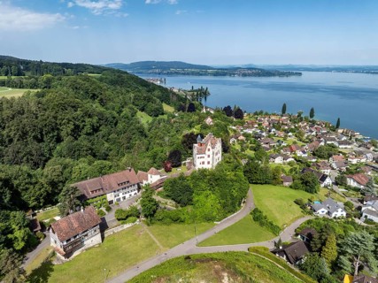Aerial view of Salenstein Castle above the municipality of Mannenbach-Salenstein on western Lake