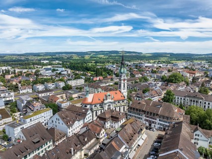 Aerial view, townscape, town centre, old town of Frauenfeld, with the town church of St. Nicholas,