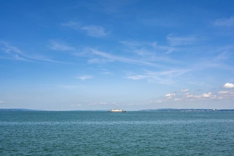 The ferry MF Friedrichshafen on the widest part of Lake Constance. The car ferry connects the Swiss