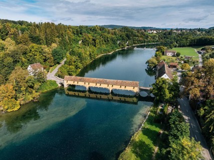 Aerial view of the covered Rhine bridge connecting the Swiss municipality of Rheinau and the German