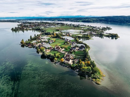 Aerial view of the north-western tip of the island of Reichenau in Lake Constance, with the
