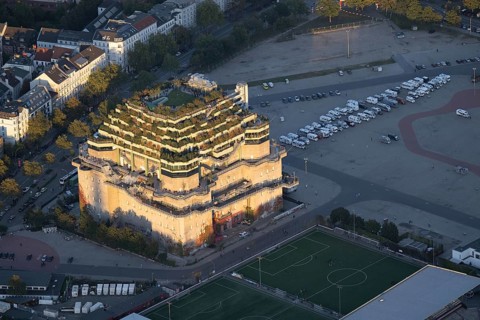 Aerial view of Grüner Bunker St. Pauli at sunset, Hamburg, Germany, Europe
