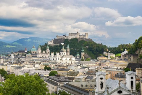 View of Salzburg with Hohensalzburg Fortress in the background and the historic city centre in the