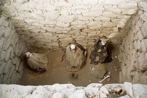 Skeletons at the Chauchilla burial ground or desert cemetery, Ica region, Nazca province, Peru,