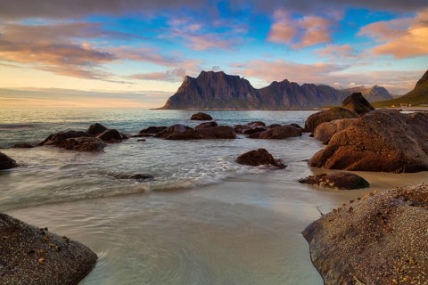 Evening atmosphere at Uttakleiv beach, Leknes, Nordland, Lofoten, Norway, Europe