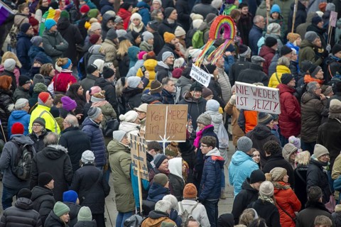 Demonstration against the right, people protest against right-wing extremism and in favour of