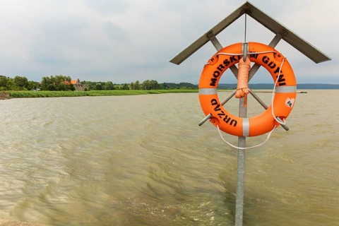 Lifebelt at the jetty at Frombork. Frombork is a town in northern Poland, situated on the Vistula