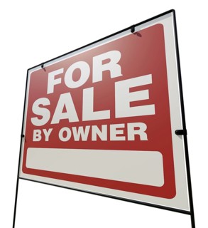 Left facing for sale by owner real estate yard sign isolated on a white background