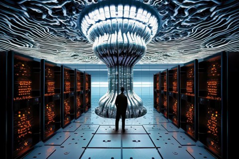 Futuristic data center driven by an artificial intelligence alien brain, AI generated