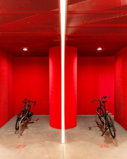 Underground car park for bicycles, redesigned Potsdamer Platz station, Sony Center, Berlin,