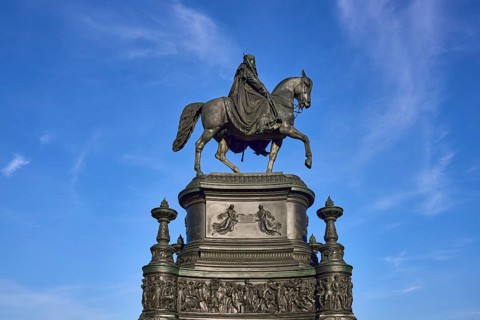 Equestrian statue King John Monument, blue sky with cirrus clouds, Theatre Square, Dresden, state