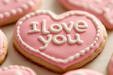 Close up of pink heart shaped Valentine's day cookie with white sugar icing text 'I love you'.