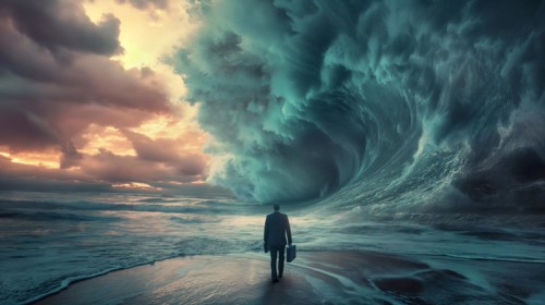 Disheartened businessman standing on the shore in the midst of approaching turbulent crashing waves