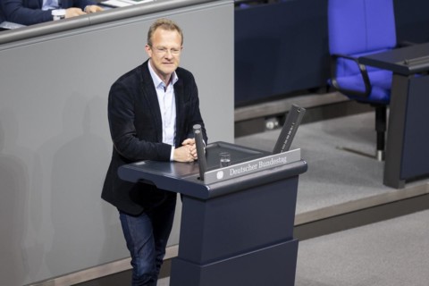 Maik Aussendorf, Member of the German Bundestag (Alliance 90/The Greens), delivers a speech in the