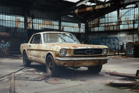 An old, weathered and dusty US-American classic car, wreck, of the type Ford Mustang from the 60s