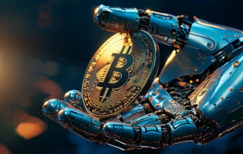 Futuristic Android robot holding a bitcoin, a concept of big data and AI, AI generated