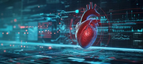 Hearth health cardiology concept with display that shows science research for heart diseases, AI