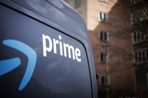 A detail of a trolley labelled prime from the online mail order company Amazon prime in a housing