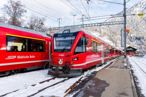 Rhaetian Railway trains on the Albula railway Stadler Rail passenger train at Filisur station,