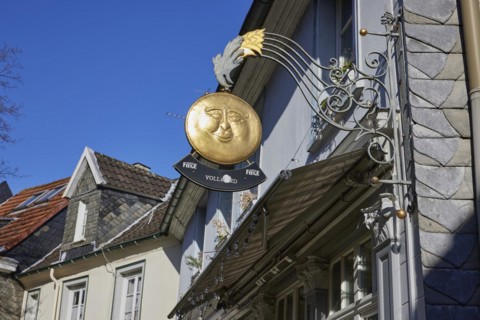 Sign for the Vollmond pub on Rathausplatz in the old town centre of Hattingen, Ennepe-Ruhr