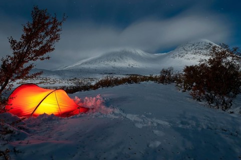 Tent in mountain landscape, Sarek National Park, World Heritage Laponia, Norrbotten, Lapland,